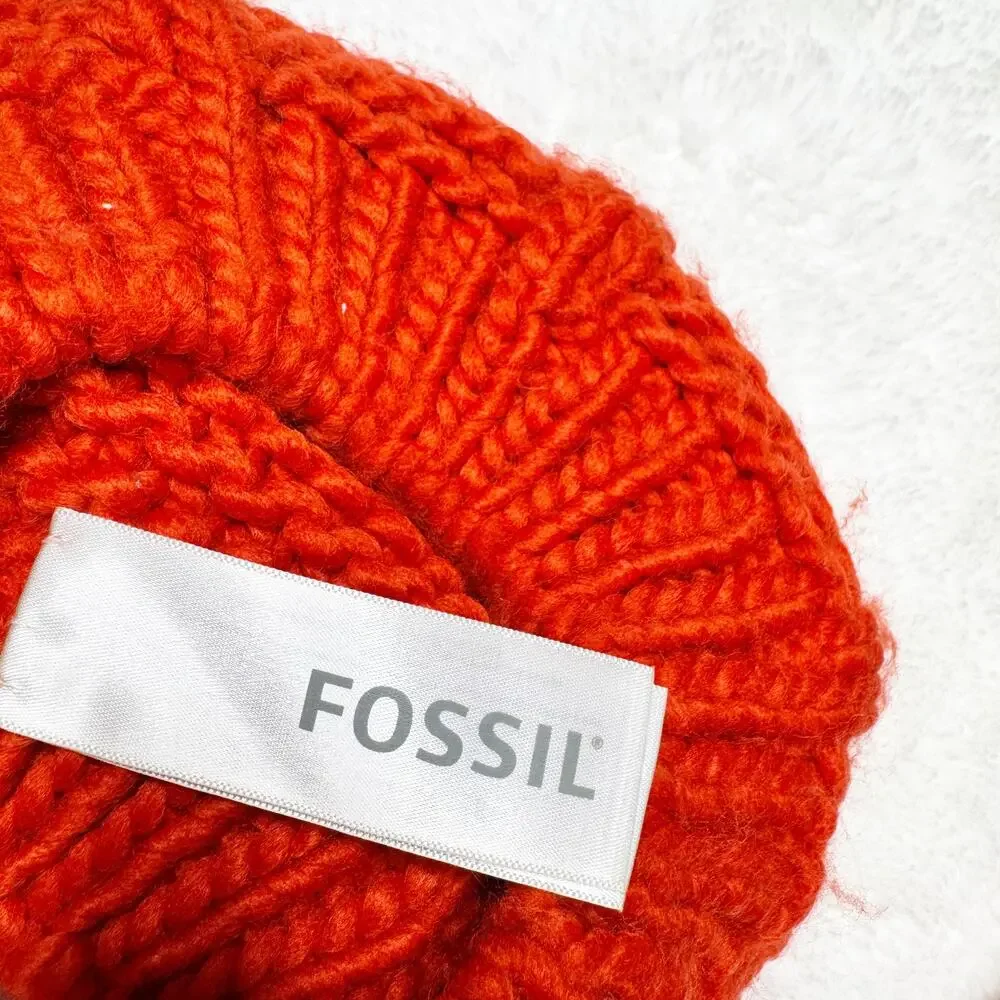 FOSSIL Orange Winter Knit Pom-pom Hat & Gloves Matching Cold Weather Set